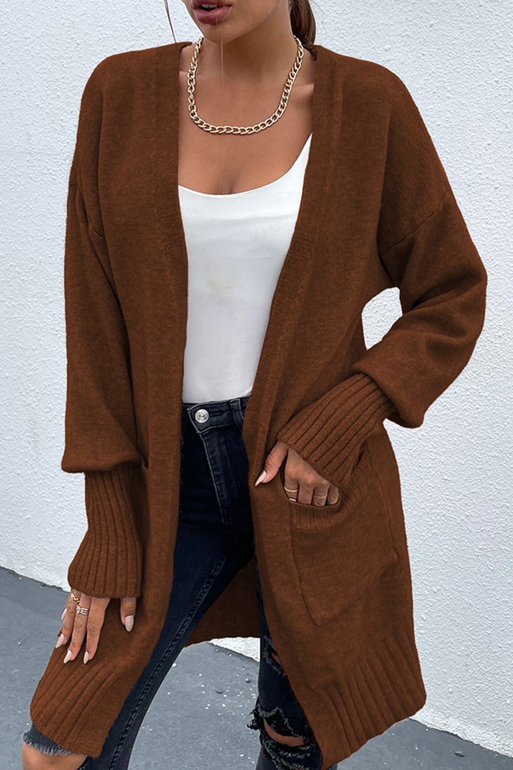 Open Front Dropped Shoulder Pocketed Cardigan - Brown / S - Women’s Clothing & Accessories - Shirts & Tops - 9 - 2024