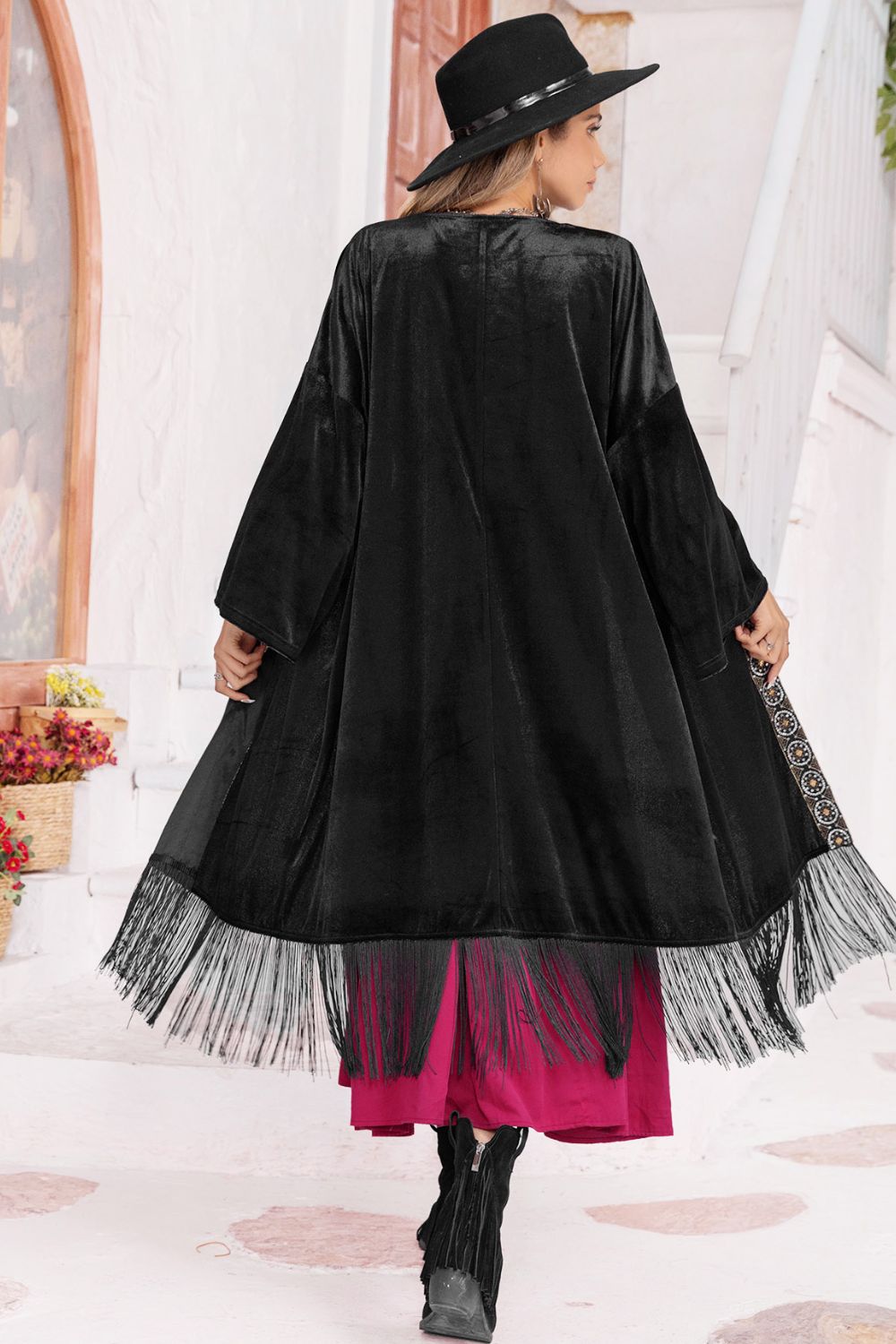 Open Front Fringe Detail Long Sleeve Cardigan - Women’s Clothing & Accessories - Shirts & Tops - 2 - 2024