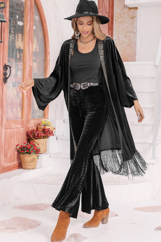 Open Front Fringe Detail Long Sleeve Cardigan - Black / S - Women’s Clothing & Accessories - Shirts & Tops - 1 - 2024