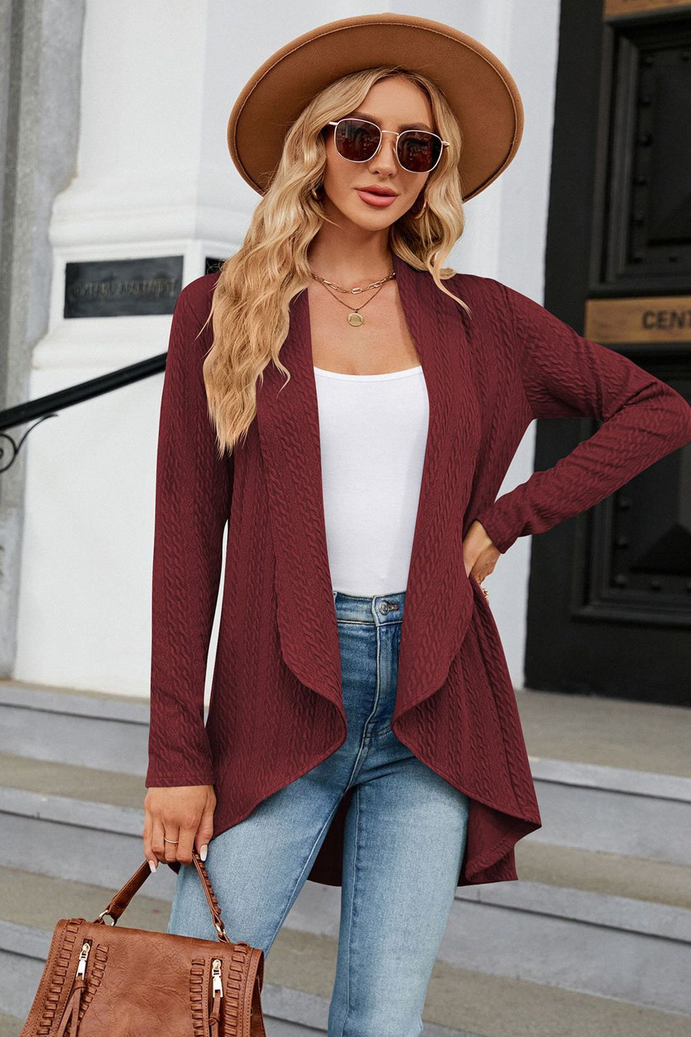 Open Front Long Sleeve Cardigan - Dark Red / S - Women’s Clothing & Accessories - Shirts & Tops - 16 - 2024