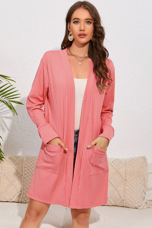 Open Front Long Sleeve Longline Cardigan with Pockets - Pink / S - Women’s Clothing & Accessories - Shirts & Tops - 1