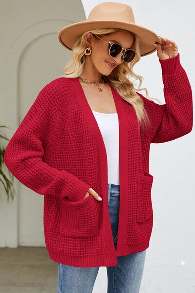 Open Front Raglan Sleeve Pocketed Cardigan - Deep Red / S - Women’s Clothing & Accessories - Shirts & Tops - 1 - 2024