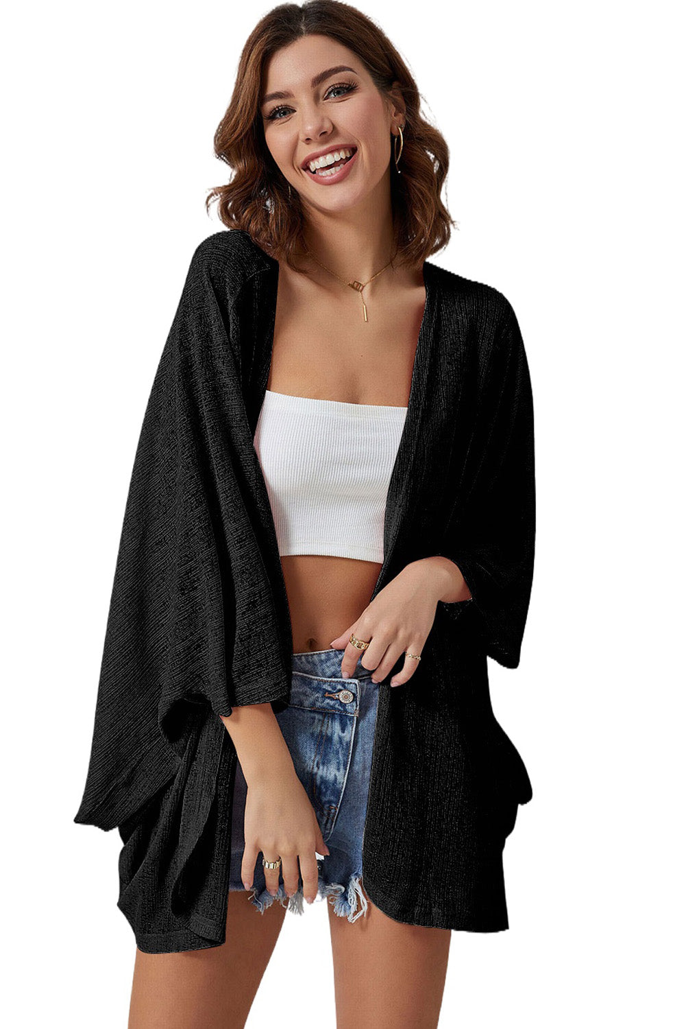 Open Front Three-Quarter Sleeve Cardigan - Women’s Clothing & Accessories - Shirts & Tops - 12 - 2024