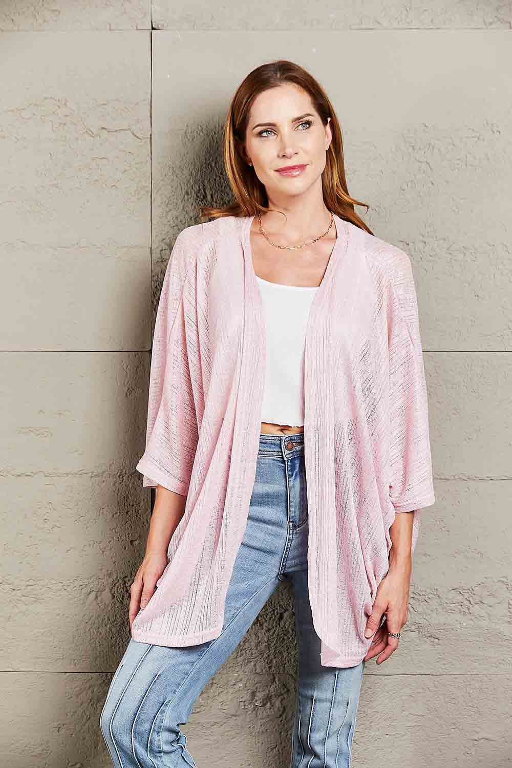Open Front Three-Quarter Sleeve Cardigan - Pink / One Size - Women’s Clothing & Accessories - Shirts & Tops - 1 - 2024