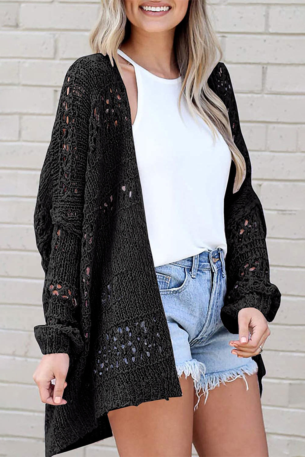 Openwork Long Sleeve Cardigan - Black / S - Women’s Clothing & Accessories - Shirts & Tops - 1 - 2024