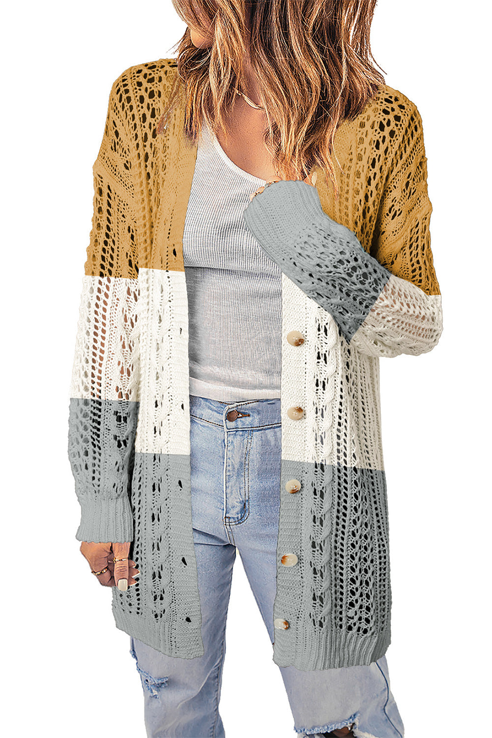Openwork Ribbed Cuff Longline Cardigan - Yellow / S - Women’s Clothing & Accessories - Shirts & Tops - 12 - 2024