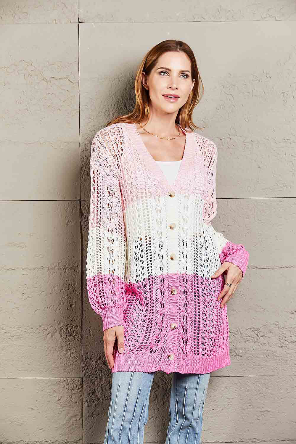Openwork Ribbed Cuff Longline Cardigan - Pink / S - Women’s Clothing & Accessories - Shirts & Tops - 19 - 2024
