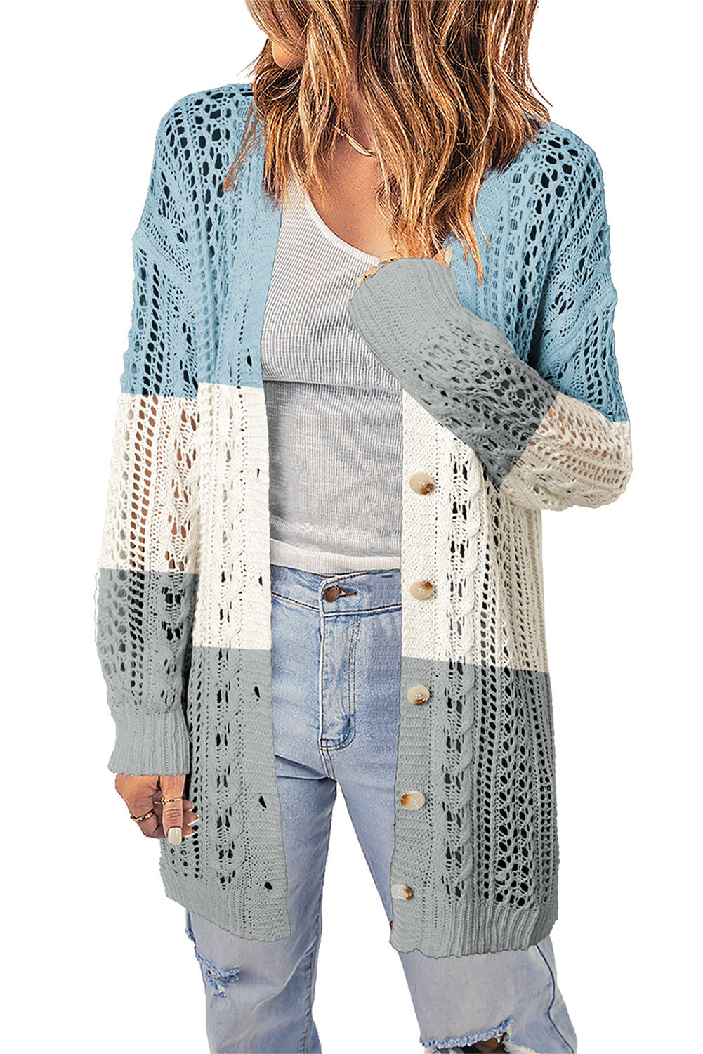 Openwork Ribbed Cuff Longline Cardigan - Blue / S - Women’s Clothing & Accessories - Shirts & Tops - 15 - 2024