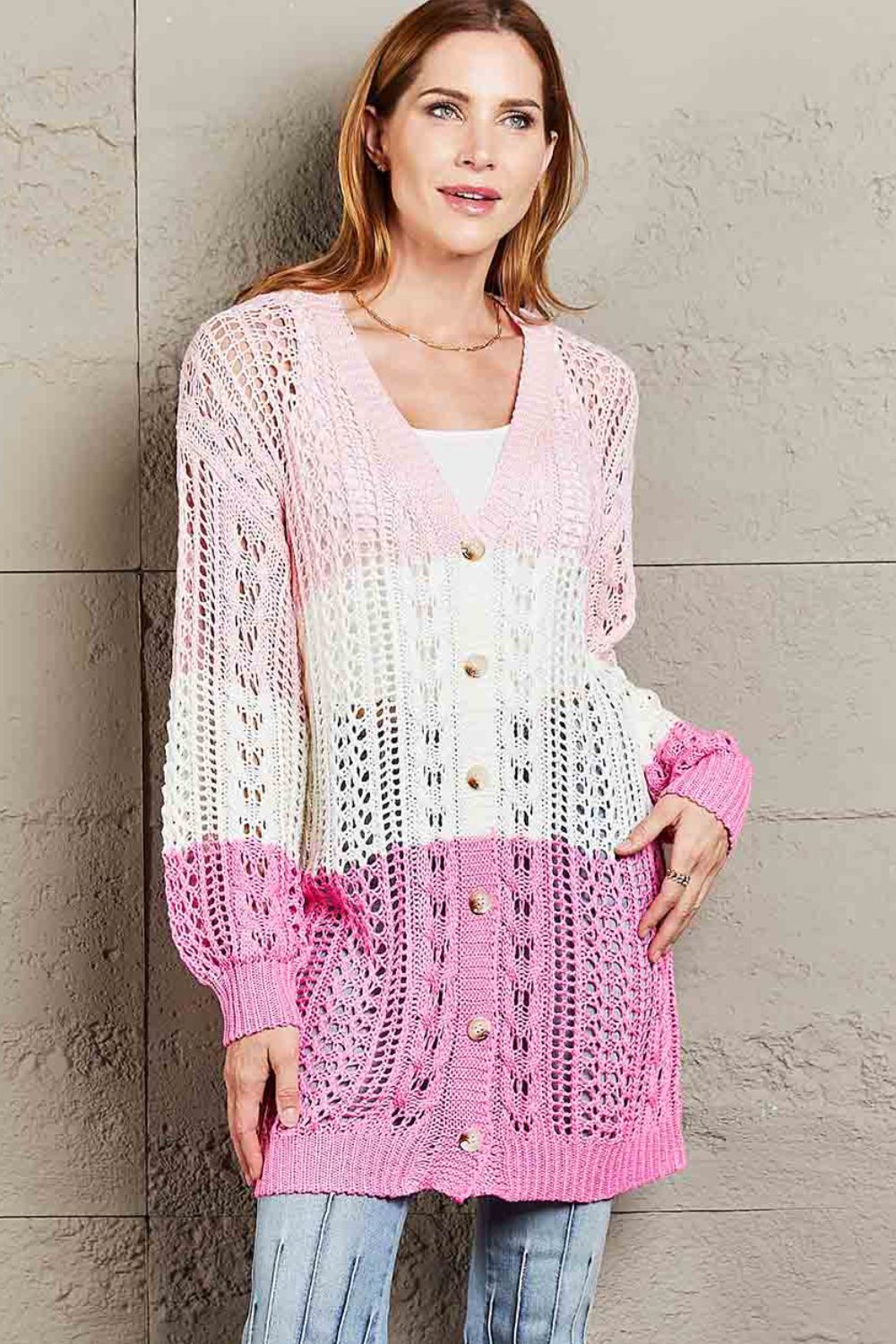 Openwork Ribbed Cuff Longline Cardigan - Women’s Clothing & Accessories - Shirts & Tops - 1 - 2024