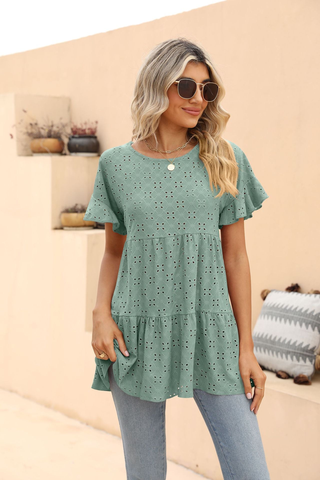 Openwork Round Neck Flounce Sleeve Blouse - Green / S - Women’s Clothing & Accessories - Shirts & Tops - 13 - 2024