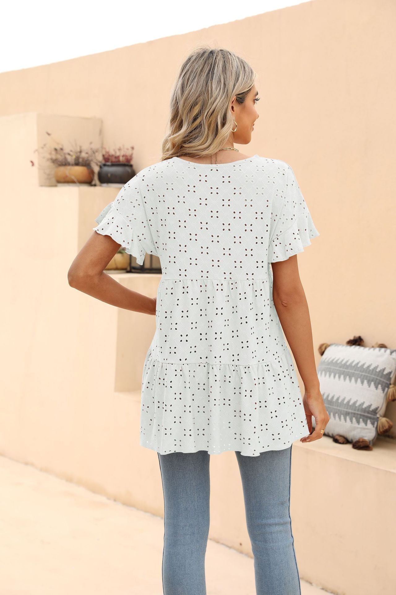 Openwork Round Neck Flounce Sleeve Blouse - Women’s Clothing & Accessories - Shirts & Tops - 6 - 2024