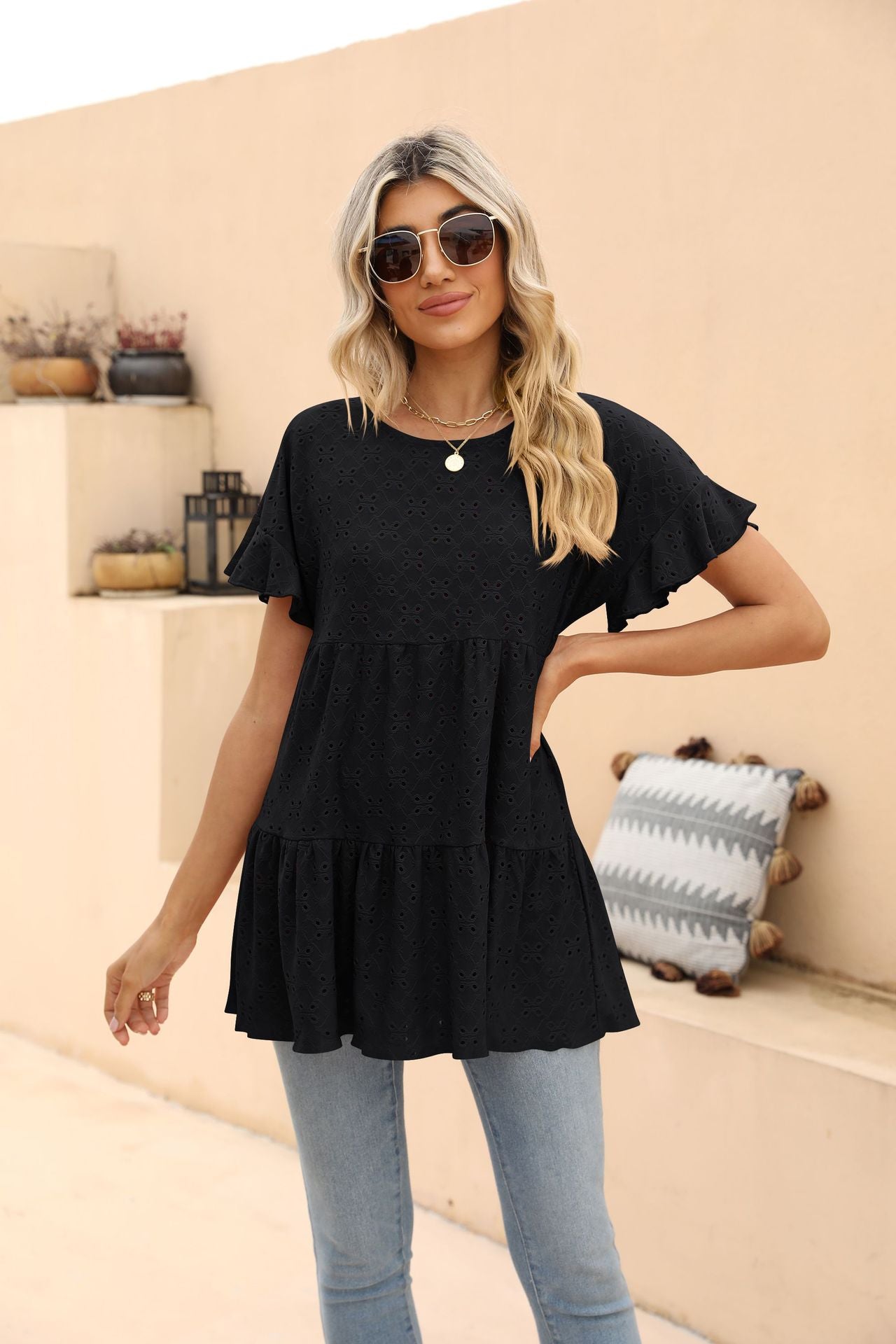 Openwork Round Neck Flounce Sleeve Blouse - Women’s Clothing & Accessories - Shirts & Tops - 11 - 2024