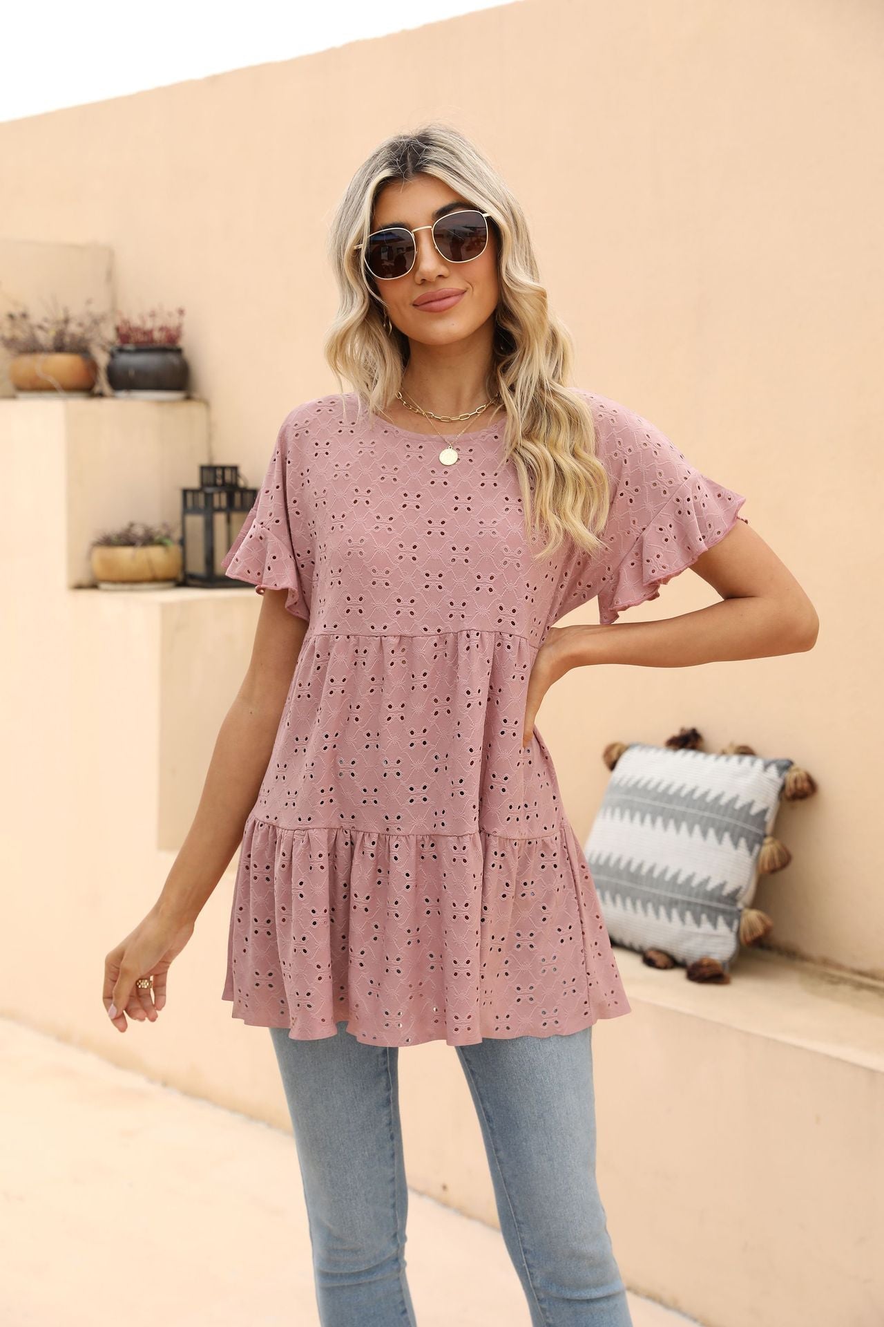 Openwork Round Neck Flounce Sleeve Blouse - Pink / S - Women’s Clothing & Accessories - Shirts & Tops - 7 - 2024