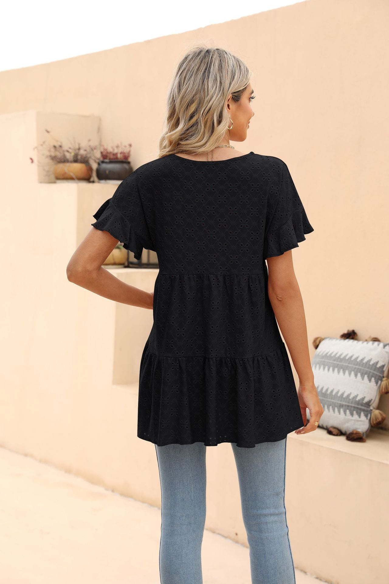 Openwork Round Neck Flounce Sleeve Blouse - Women’s Clothing & Accessories - Shirts & Tops - 12 - 2024