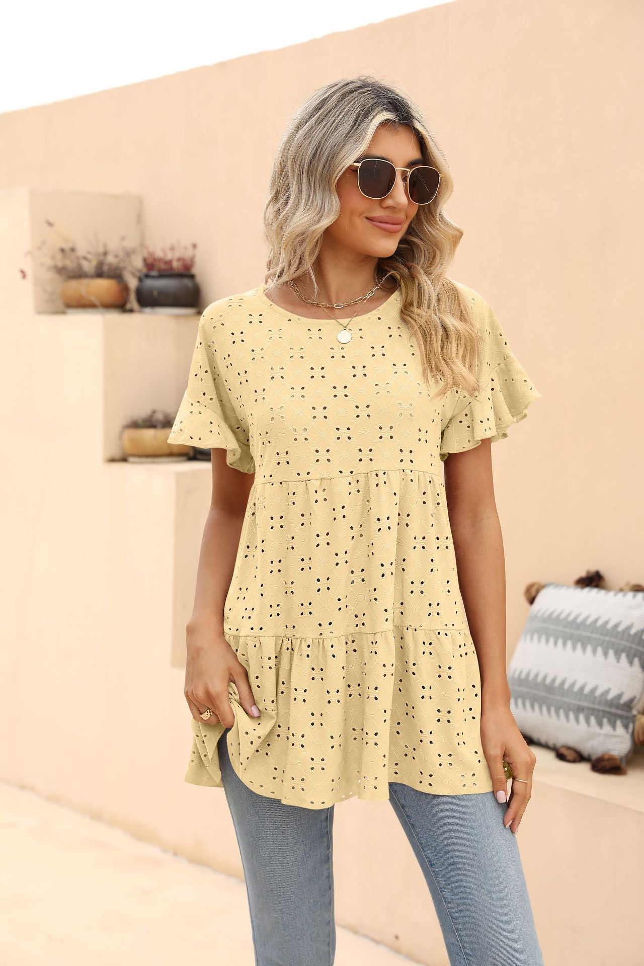 Openwork Round Neck Flounce Sleeve Blouse - Yellow / S - Women’s Clothing & Accessories - Shirts & Tops - 1 - 2024
