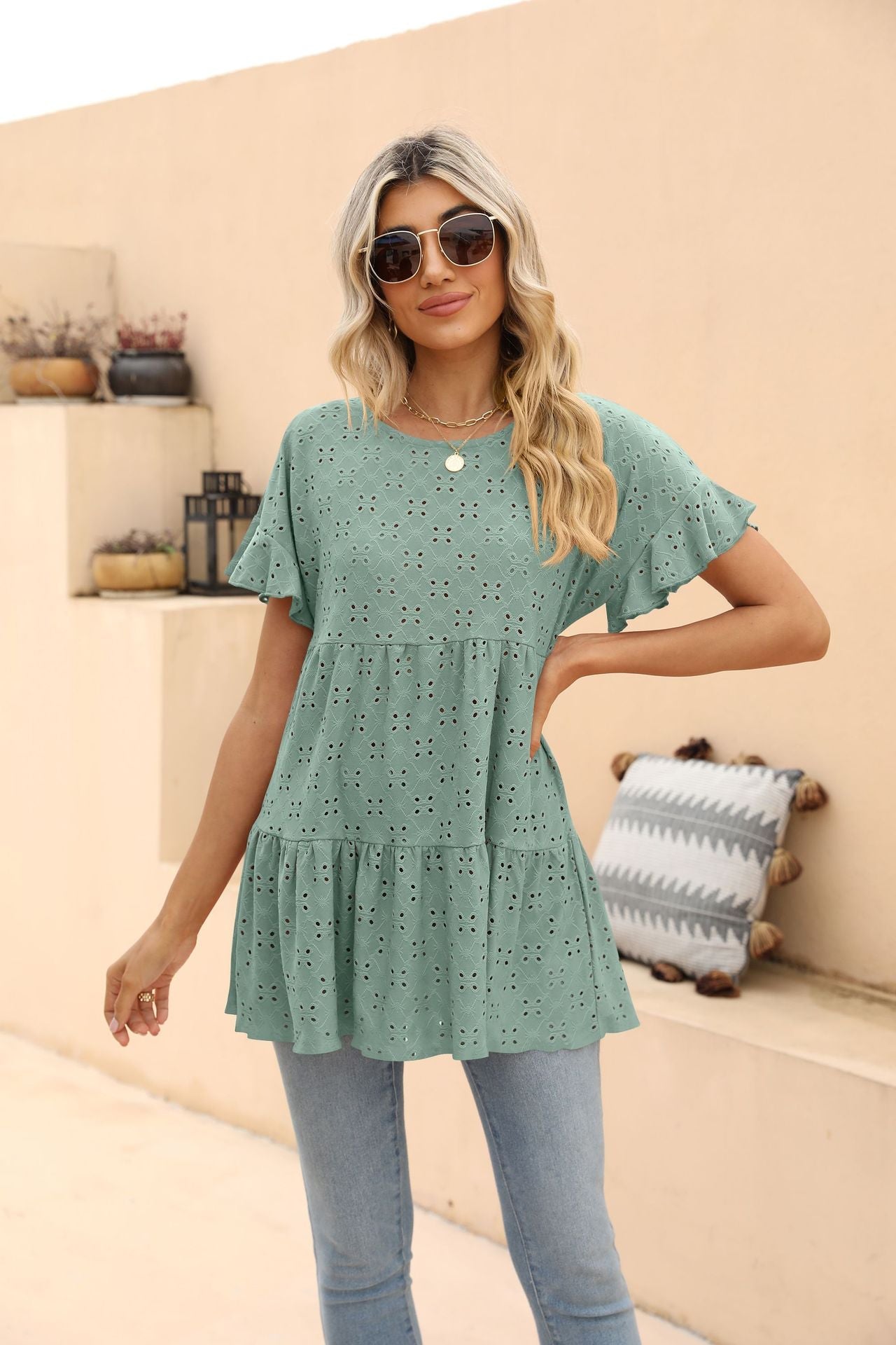 Openwork Round Neck Flounce Sleeve Blouse - Women’s Clothing & Accessories - Shirts & Tops - 14 - 2024