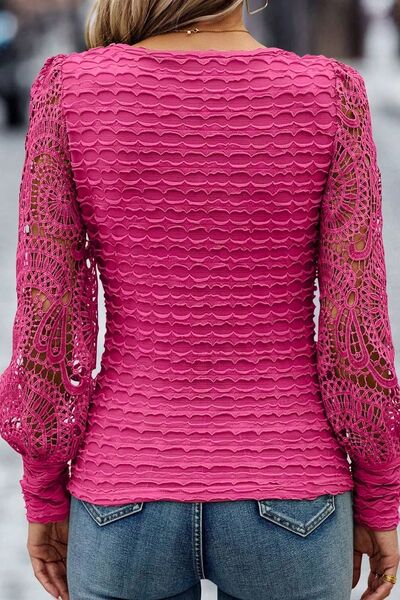 Openwork Scoop Neck Long Sleeve Blouse - Women’s Clothing & Accessories - Shirts & Tops - 5 - 2024