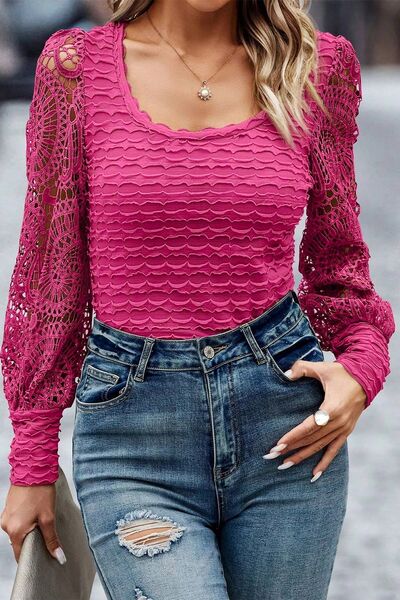 Openwork Scoop Neck Long Sleeve Blouse - Women’s Clothing & Accessories - Shirts & Tops - 2 - 2024