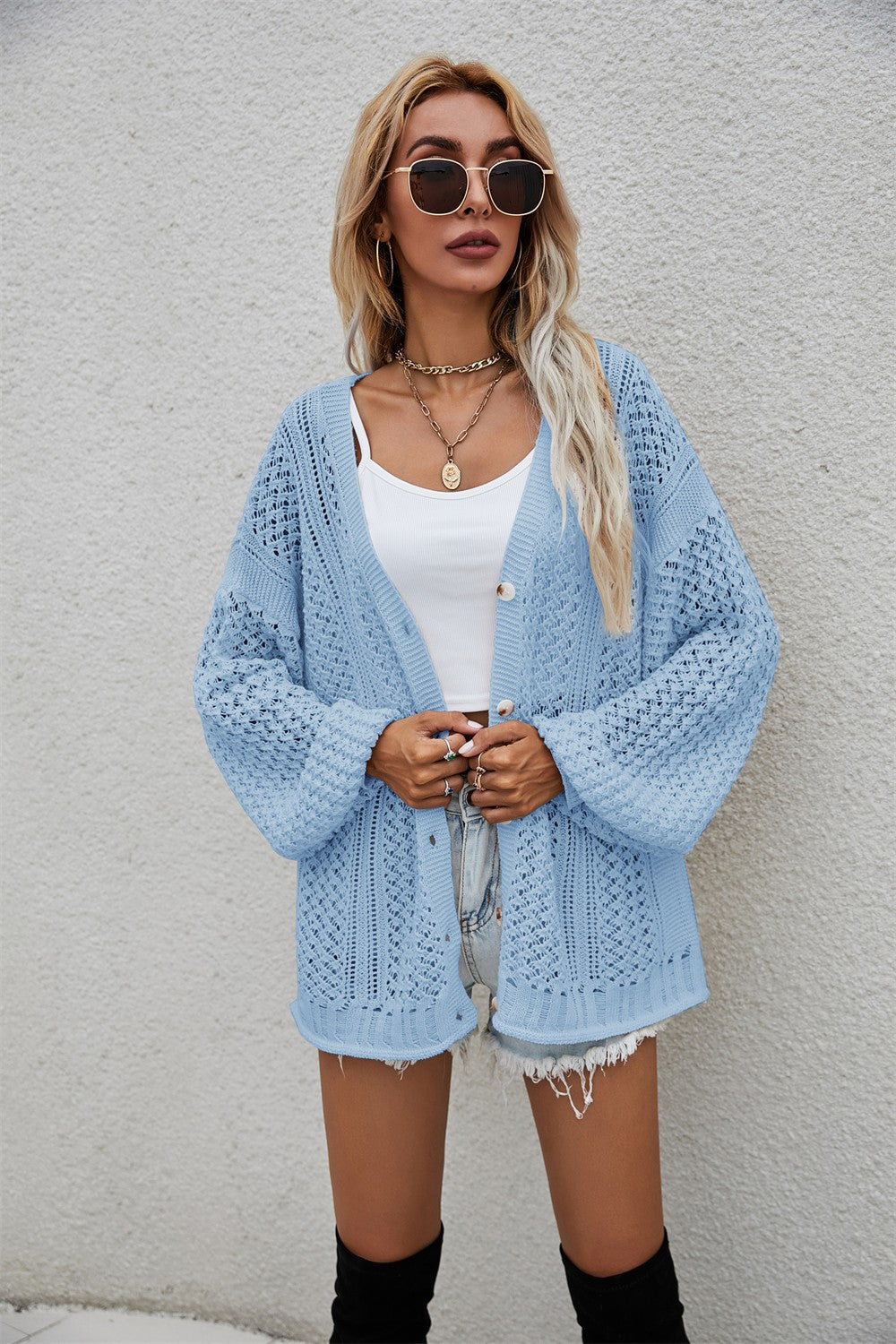 Openwork V-Neck Dropped Shoulder Cardigan - Blue / S - Women’s Clothing & Accessories - Shirts & Tops - 10 - 2024