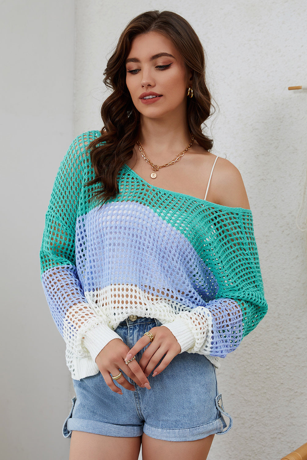 Openwork V-Neck Dropped Shoulder Blouse - Women’s Clothing & Accessories - Shirts & Tops - 4 - 2024