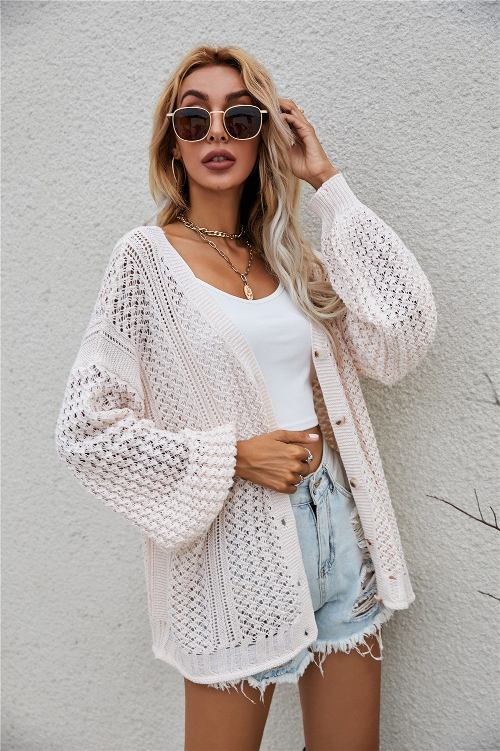 Openwork V-Neck Dropped Shoulder Cardigan - Women’s Clothing & Accessories - Shirts & Tops - 5 - 2024