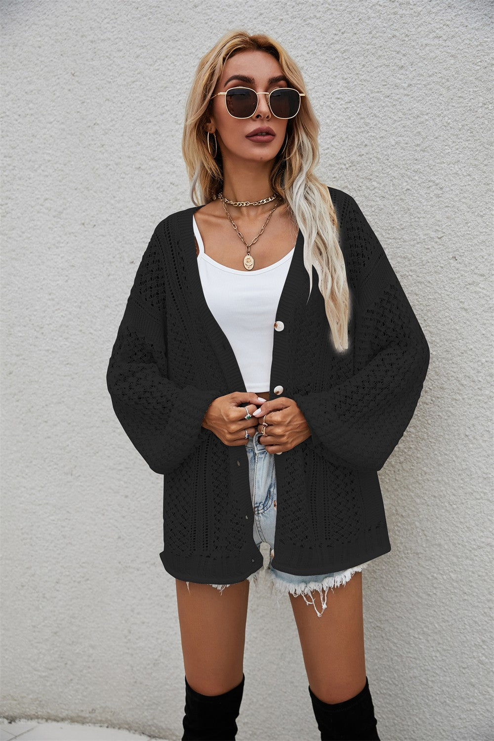 Openwork V-Neck Dropped Shoulder Cardigan - Black / S - Women’s Clothing & Accessories - Shirts & Tops - 13 - 2024
