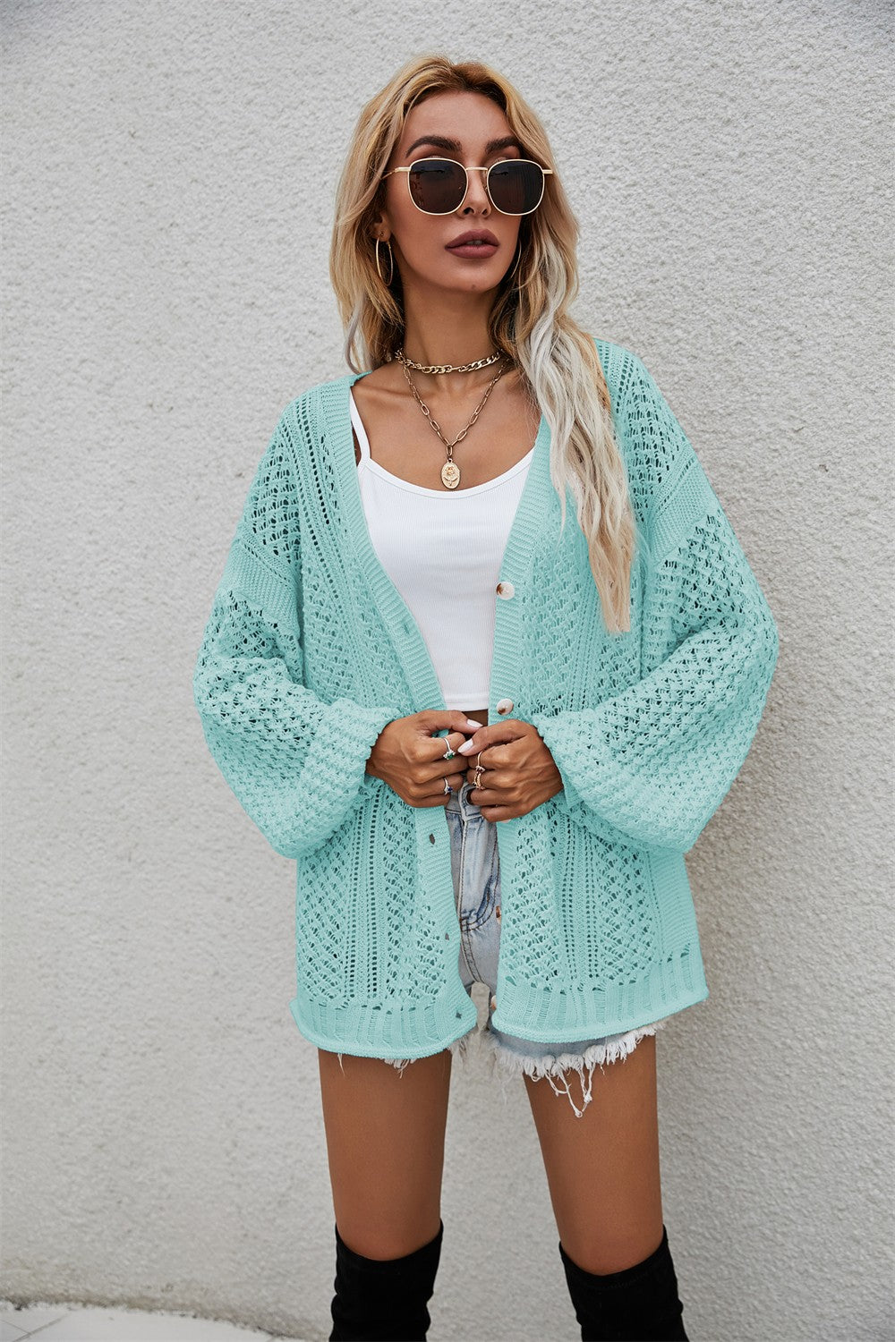 Openwork V-Neck Dropped Shoulder Cardigan - Green / S - Women’s Clothing & Accessories - Shirts & Tops - 7 - 2024