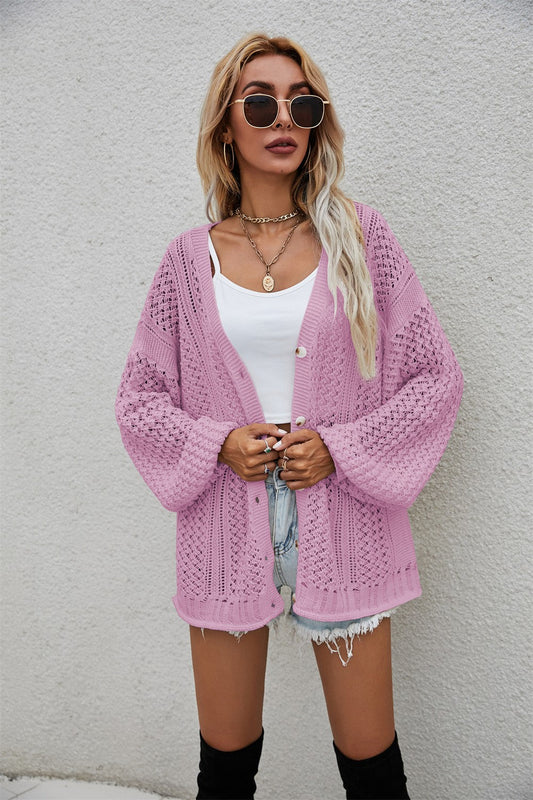 Openwork V-Neck Dropped Shoulder Cardigan - Pink / S - Women’s Clothing & Accessories - Shirts & Tops - 1 - 2024