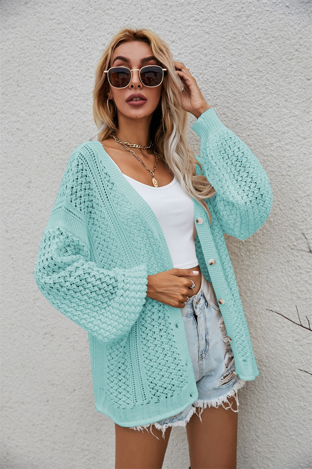 Openwork V-Neck Dropped Shoulder Cardigan - Women’s Clothing & Accessories - Shirts & Tops - 8 - 2024