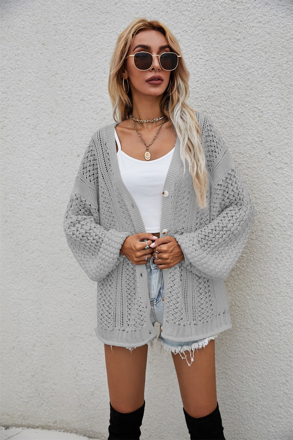 Openwork V-Neck Dropped Shoulder Cardigan - Gray / S - Women’s Clothing & Accessories - Shirts & Tops - 16 - 2024