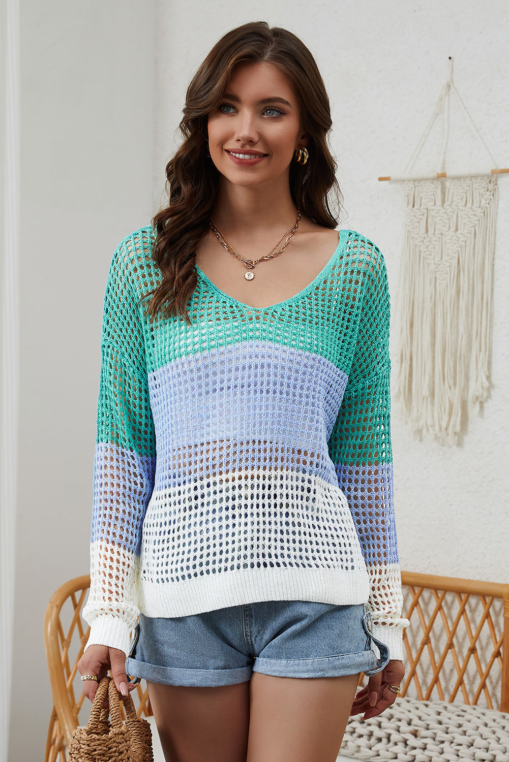 Openwork V-Neck Dropped Shoulder Blouse - Women’s Clothing & Accessories - Shirts & Tops - 2 - 2024