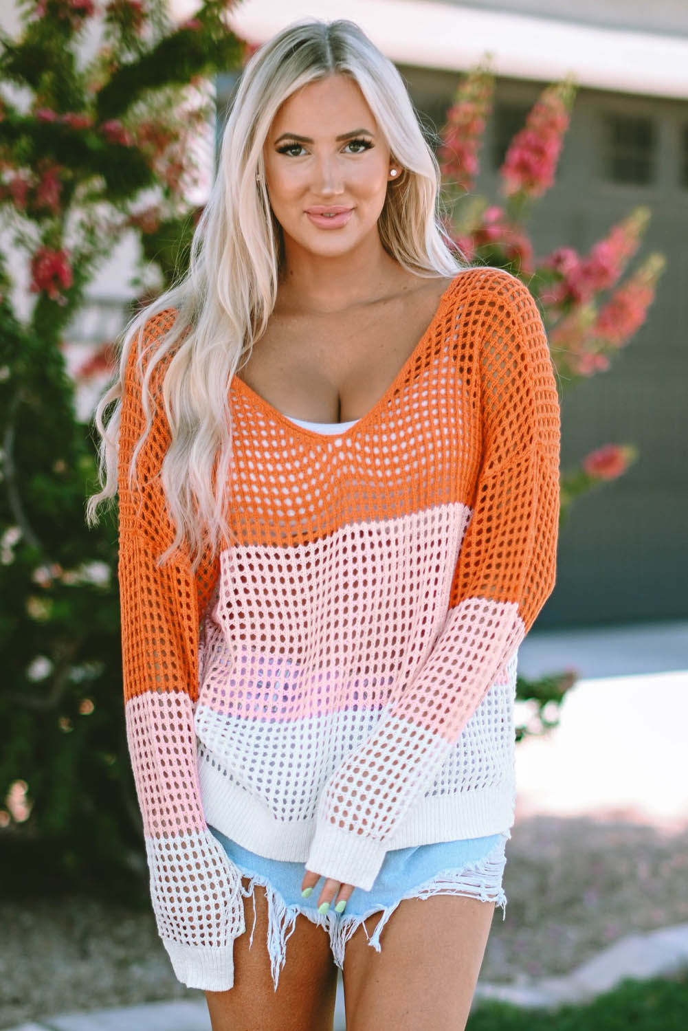 Openwork V-Neck Dropped Shoulder Blouse - Orange / S - Women’s Clothing & Accessories - Shirts & Tops - 6 - 2024