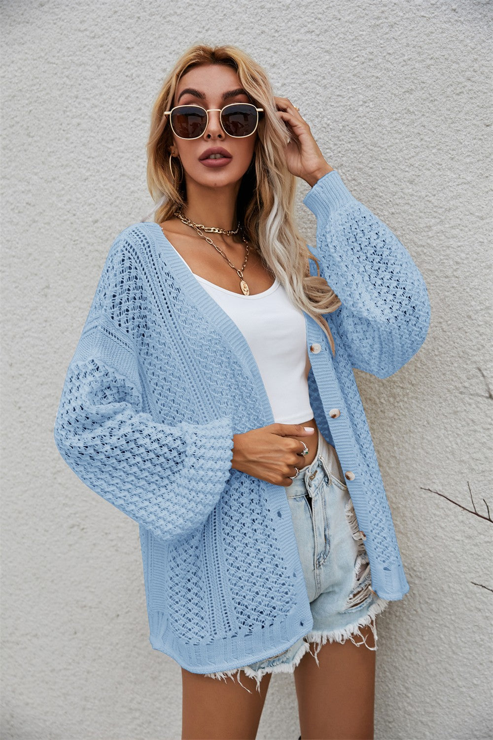 Openwork V-Neck Dropped Shoulder Cardigan - Women’s Clothing & Accessories - Shirts & Tops - 11 - 2024