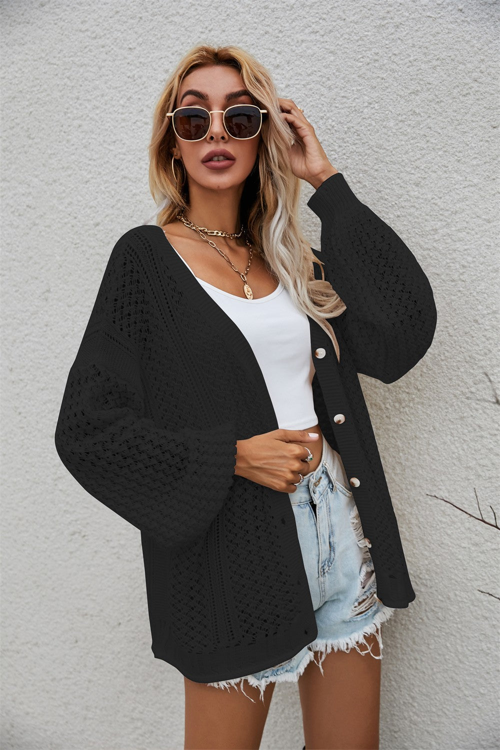 Openwork V-Neck Dropped Shoulder Cardigan - Women’s Clothing & Accessories - Shirts & Tops - 14 - 2024
