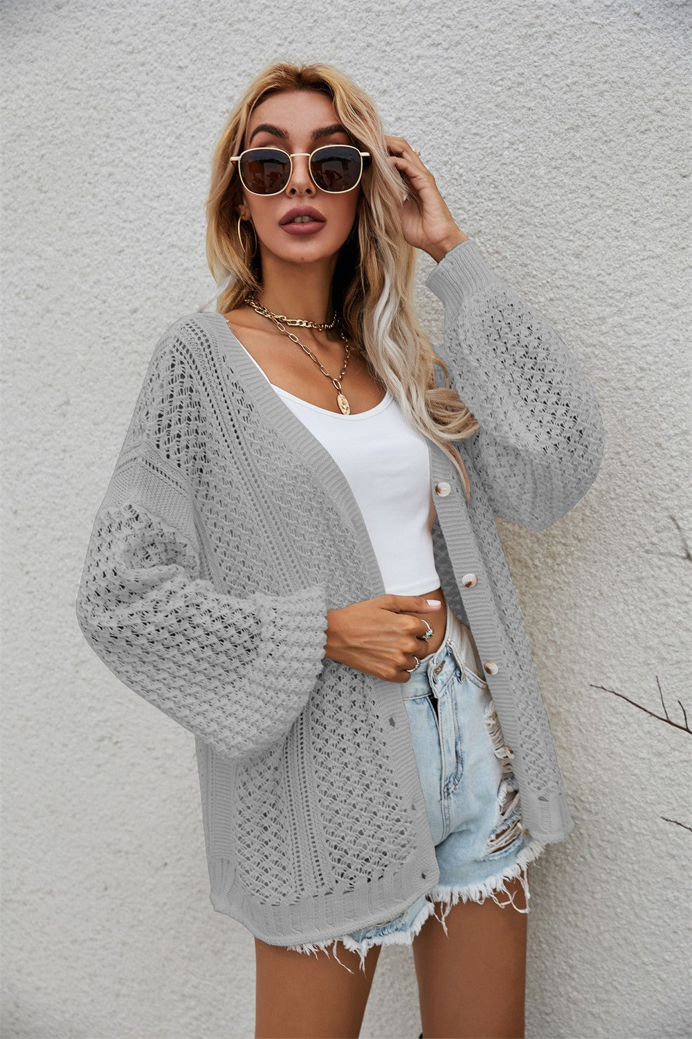 Openwork V-Neck Dropped Shoulder Cardigan - Women’s Clothing & Accessories - Shirts & Tops - 17 - 2024