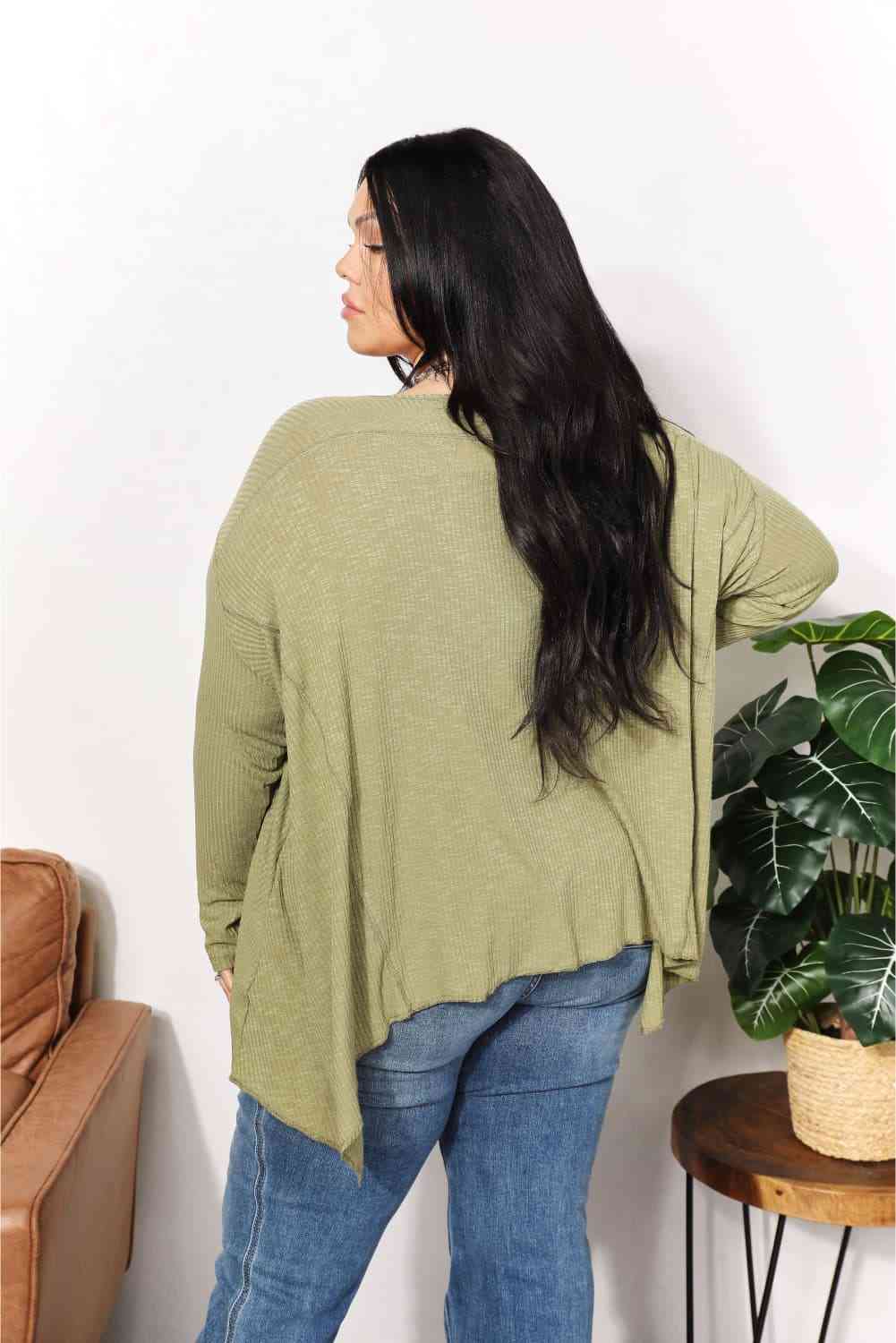 Oversized Super Soft Rib Layering Top with a Sharkbite Hem and Round Neck - Women’s Clothing & Accessories - Shirts &