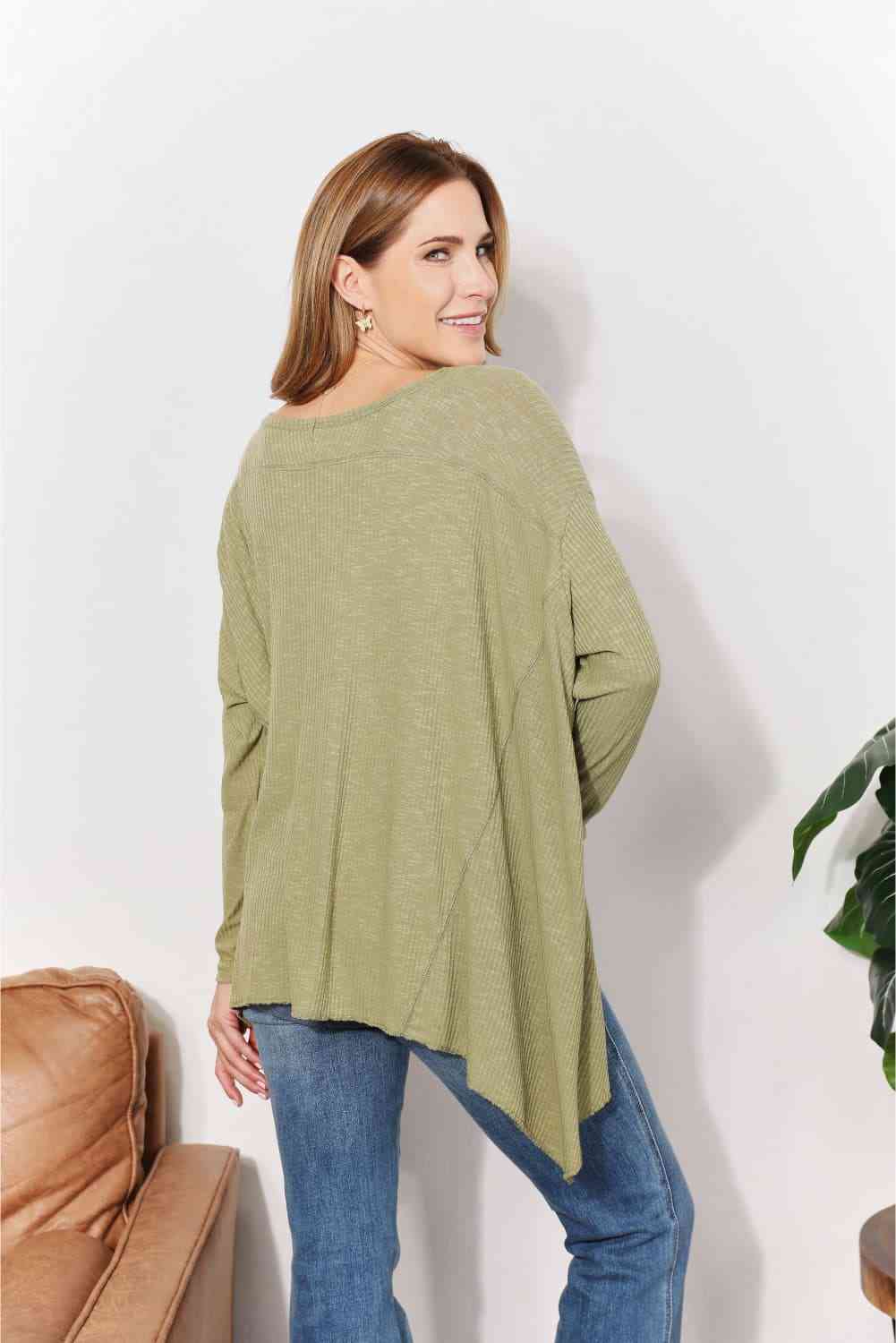 Oversized Super Soft Rib Layering Top with a Sharkbite Hem and Round Neck - Women’s Clothing & Accessories - Shirts &