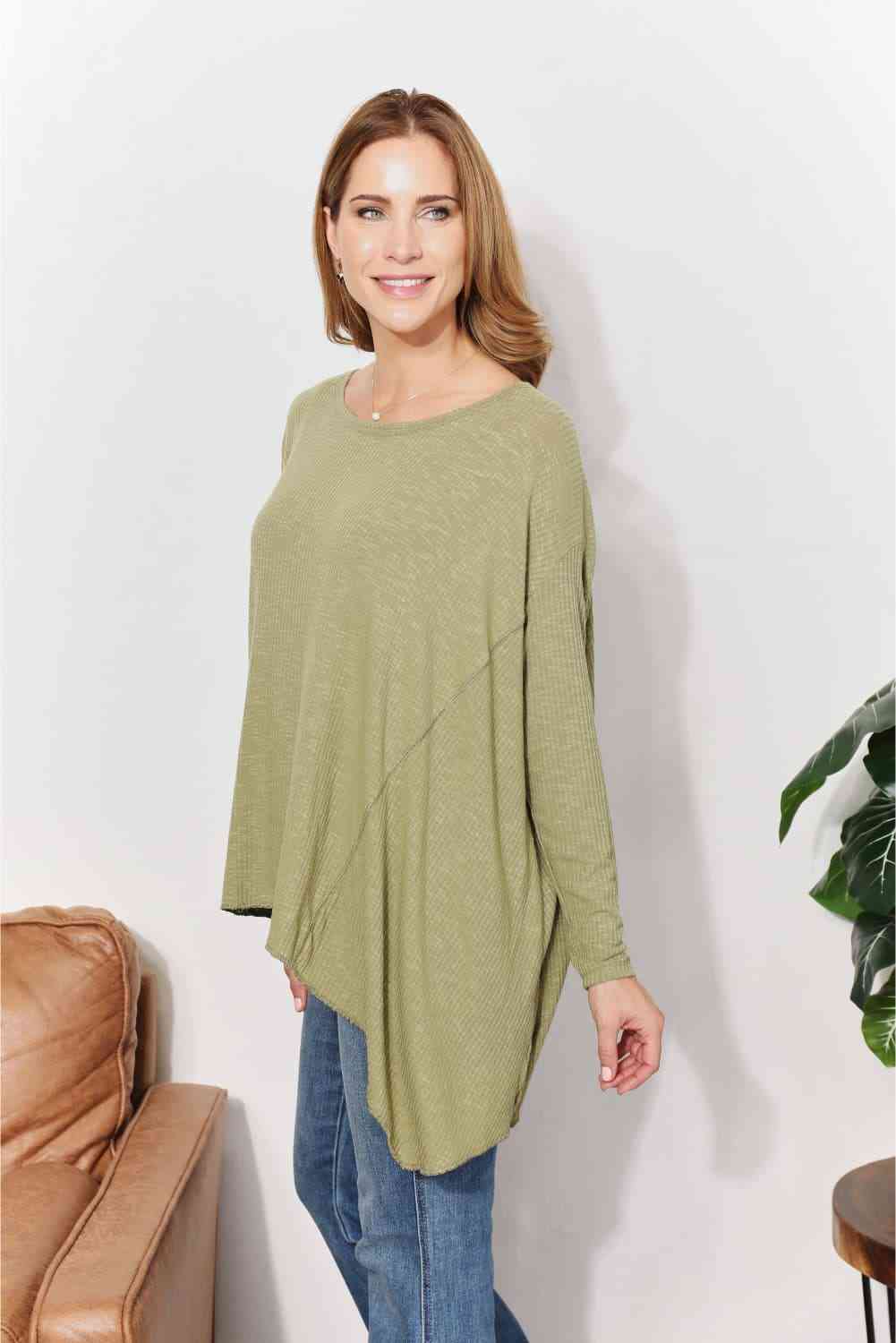 Oversized Super Soft Rib Layering Top with a Sharkbite Hem and Round Neck - Women’s Clothing & Accessories - Shirts &