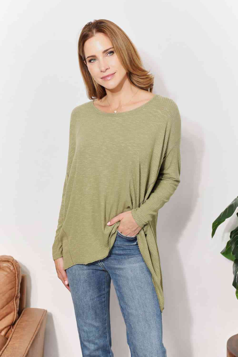 Oversized Super Soft Rib Layering Top with a Sharkbite Hem and Round Neck - Women’s Clothing & Accessories - Shirts &