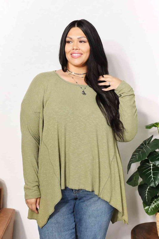 Oversized Super Soft Rib Layering Top with a Sharkbite Hem and Round Neck - Mist Green / S - Women’s Clothing &