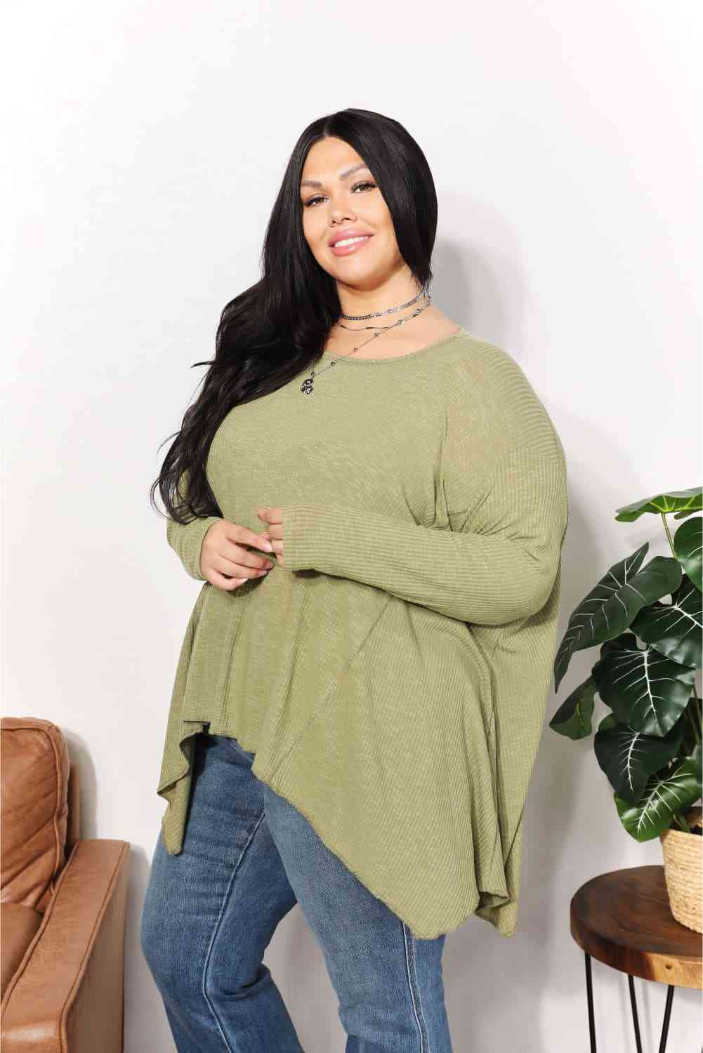 Oversized Super Soft Rib Layering Top with a Sharkbite Hem and Round Neck - Women’s Clothing & Accessories - Shirts &