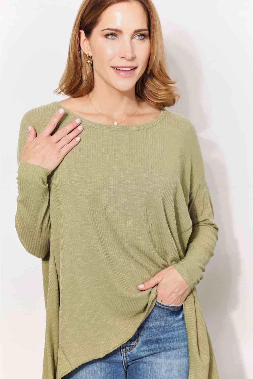 Oversized Super Soft Rib Layering Top with a Sharkbite Hem and Round Neck - Women’s Clothing & Accessories - Shirts &