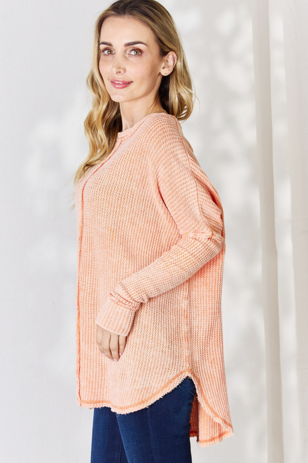 Oversized Washed Waffle Long Sleeve Top - Women’s Clothing & Accessories - Shirts & Tops - 3 - 2024