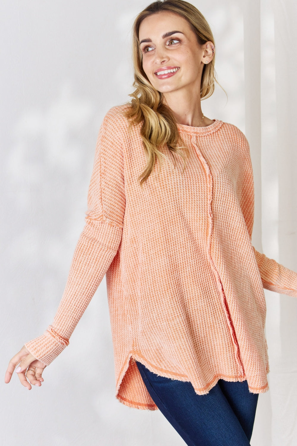 Oversized Washed Waffle Long Sleeve Top - Women’s Clothing & Accessories - Shirts & Tops - 4 - 2024