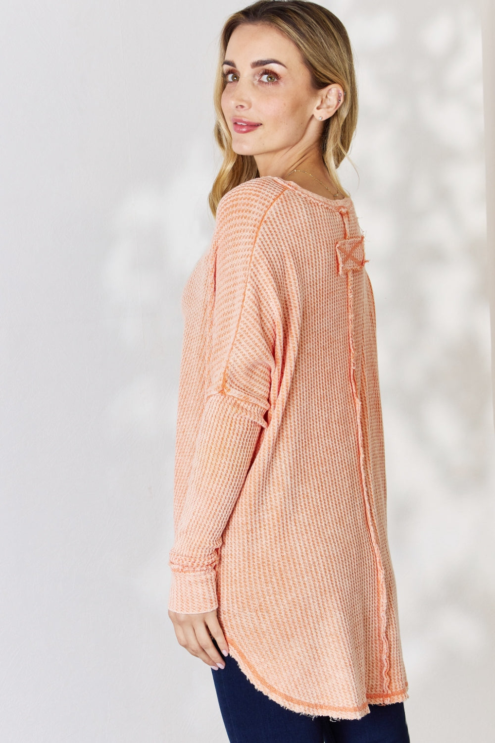 Oversized Washed Waffle Long Sleeve Top - Women’s Clothing & Accessories - Shirts & Tops - 2 - 2024