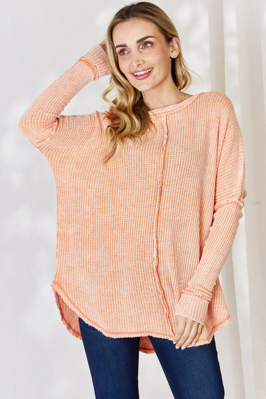 Oversized Washed Waffle Long Sleeve Top - Light Orange / S/M - Women’s Clothing & Accessories - Shirts & Tops - 1 - 2024
