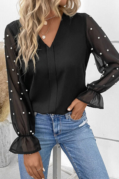 Pearl Detail V-Neck Flounce Sleeve Blouse - Women’s Clothing & Accessories - Shirts & Tops - 3 - 2024