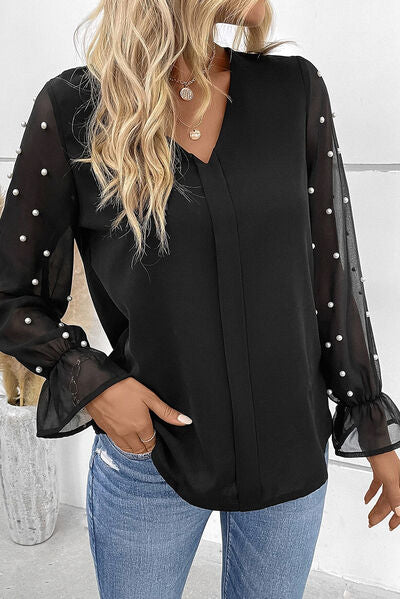Pearl Detail V-Neck Flounce Sleeve Blouse - Women’s Clothing & Accessories - Shirts & Tops - 2 - 2024
