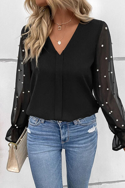Pearl Detail V-Neck Flounce Sleeve Blouse - Women’s Clothing & Accessories - Shirts & Tops - 4 - 2024