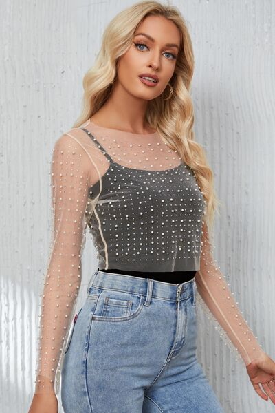 Pearl Long Sleeve Mesh Cropped Top - Women’s Clothing & Accessories - Shirts & Tops - 4 - 2024
